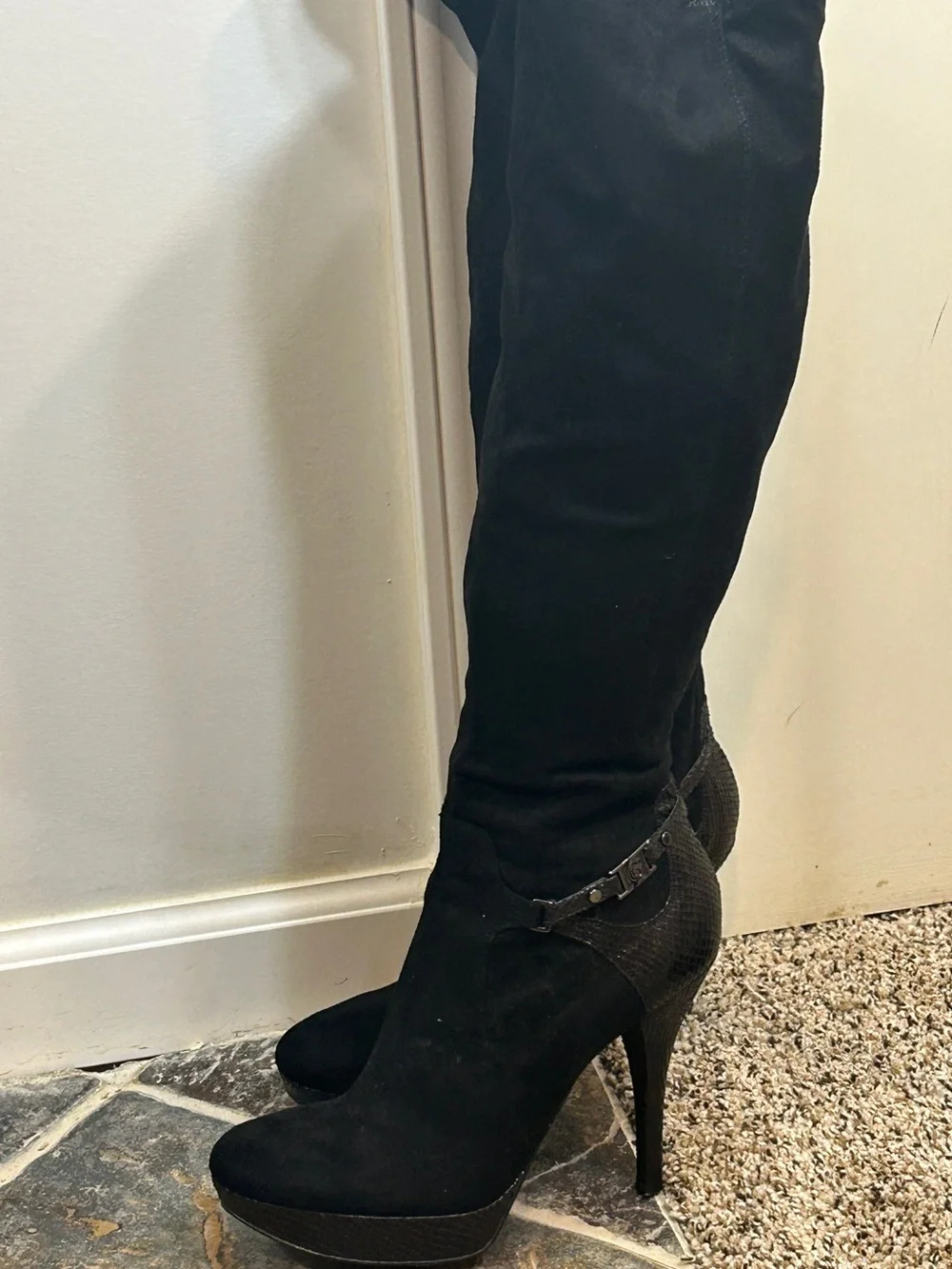 Guess Black Suede Over-the-Knee Platform Stiletto Boots with Textured Heel
